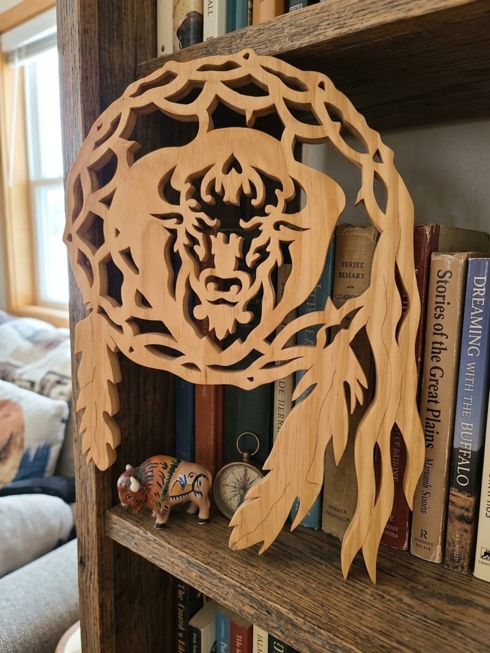 Wood Buffalo Bison Head Wall Dreamcatcher Brown Decorative Mounted Hanging 15"